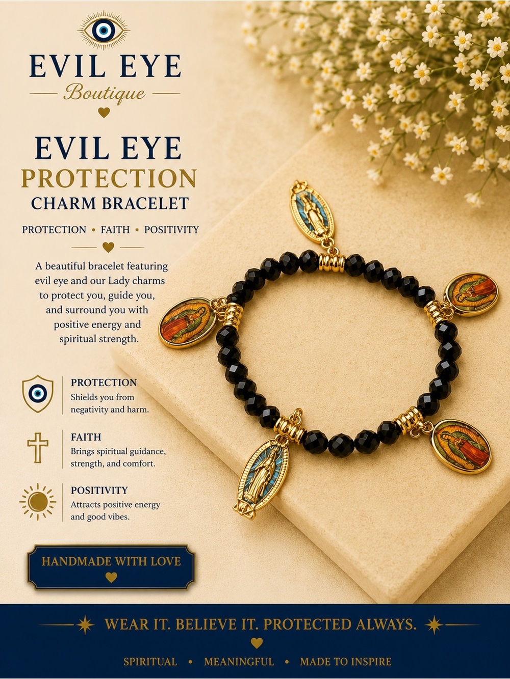 ✝️Black Beaded Protection Charm Bracelet - Evil Eye & Lady Charms✝️